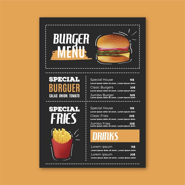 Free vector restaurant menu template with burger