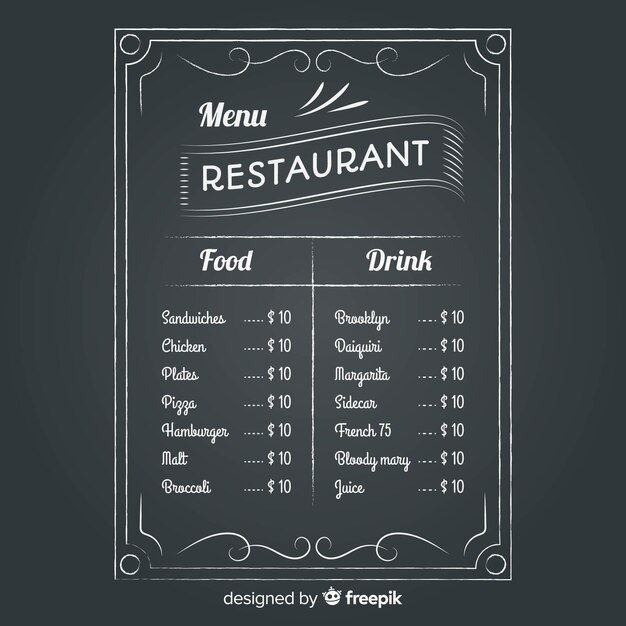 Шаблон меню ресторана с классом доски
