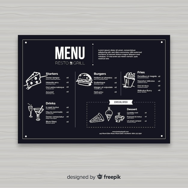Бесплатное векторное изображение Шаблон меню ресторана с классом доски