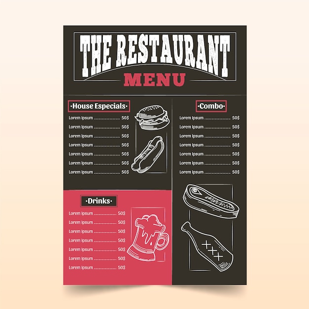 Vettore gratuito modello di menu del ristorante con disegni