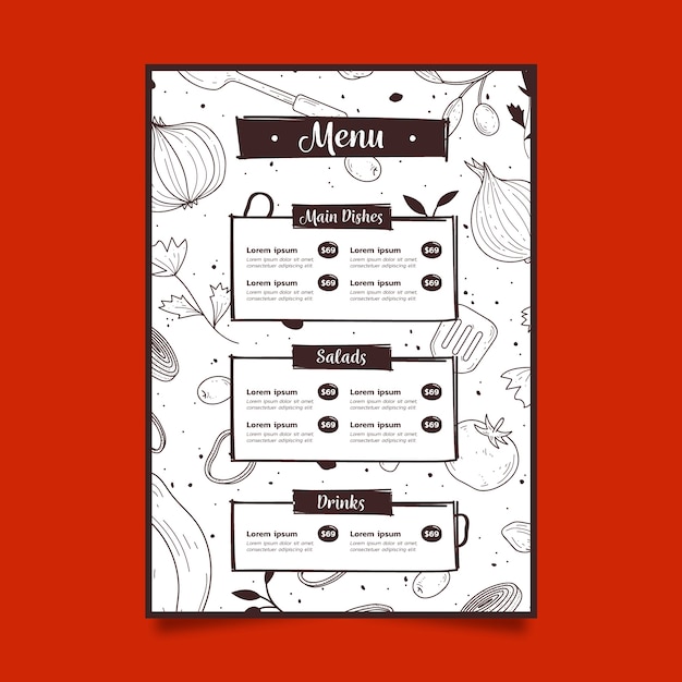 Vettore gratuito modello di menu del ristorante con disegni