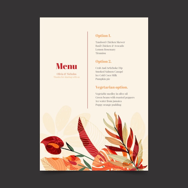 Modello di menu del ristorante con ornamenti floreali