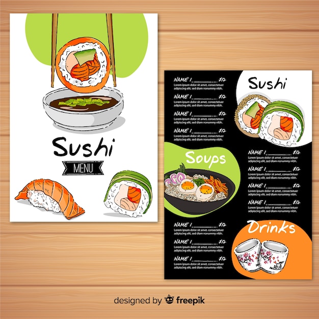 Modello di menu del ristorante con sushi