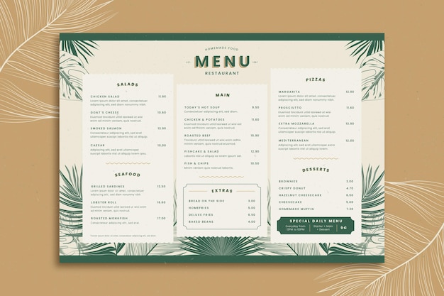 Restaurant menu template with tropical leaves