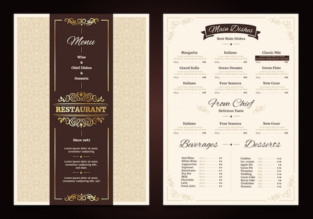 Restaurant menu vintage design with ornate frame and ribbon chef dishes beverages 