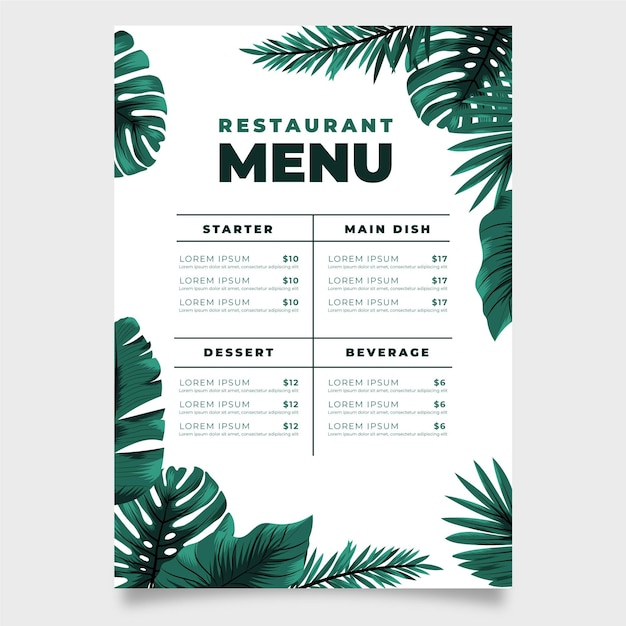 Restaurant menu with exotic and monstera leaves