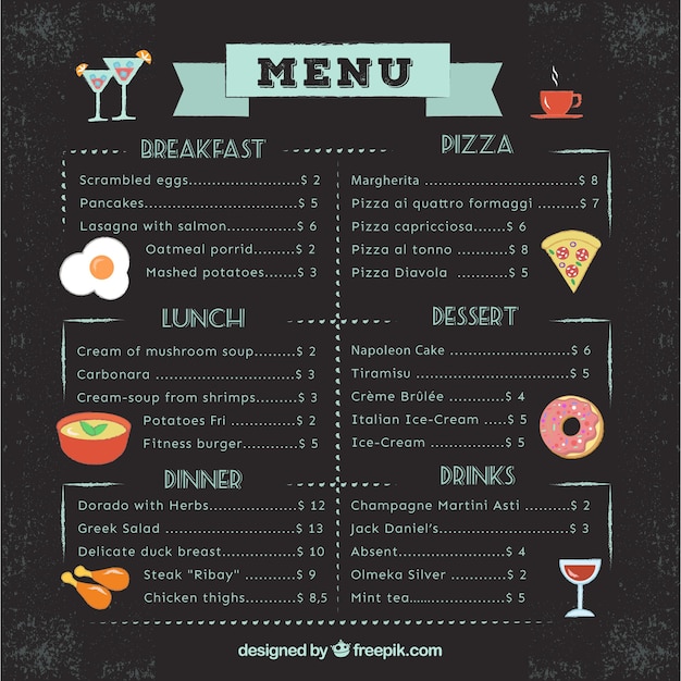 Restaurant menu with meals illustrations