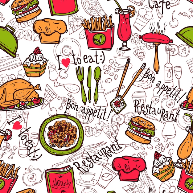 Free vector restaurant symbols seamless pattern doodle sketch