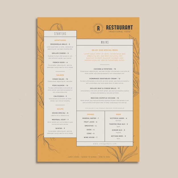 Ristorante menu tradizionale in stile vintage