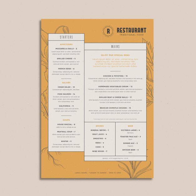 restaurant traditional food menu vintage style