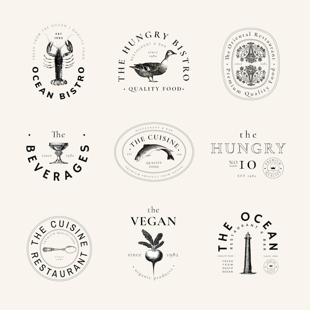 Набор векторных шаблонов винтажных логотипов ресторана, переработанный из произведений искусства из общественного достояния