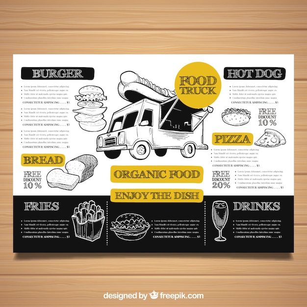 Vettore gratuito modello di menu del ristorante con camion di cibo