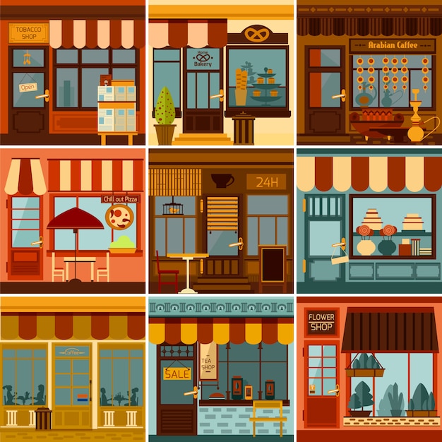 Free vector restaurants shops caffees and market stores facades set