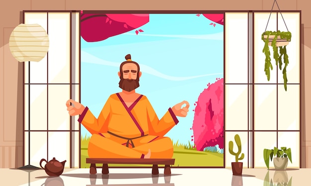 Yoga ristoratore con infuso terapeutico nella composizione del fumetto della teiera con l'uomo che medita nell'illustrazione di posa del loto