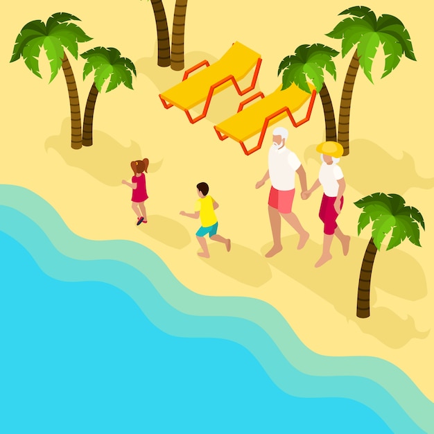 Free vector retired people family vacation isometric banner