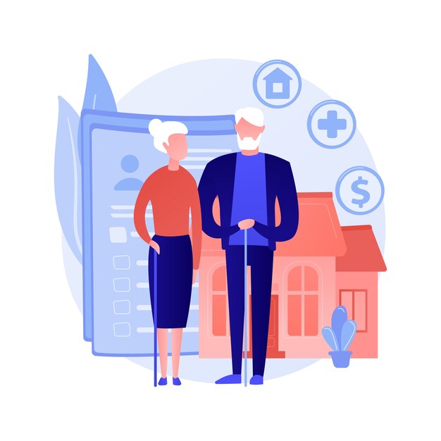 retirement and estate management. health insurance, dwelling place choice, financial benefits. elderly couple, senior adults savings plan.