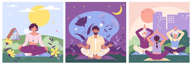 Free vector retreat spiritual practice zen and harmony concepts flat set with people meditating in lotus position alone and together isolated vector illustration