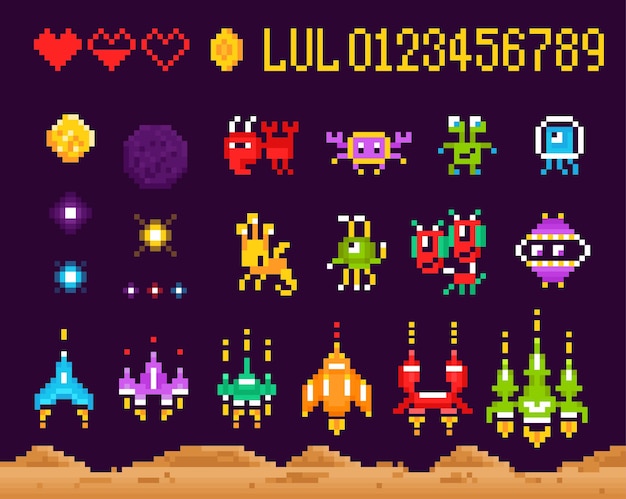 Retro 8 bit pixel arcade computer game set of isolated icons with characters of monsters spacecrafts vector illustration
