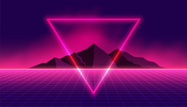 Retro 80s background with neon triangle and mountain