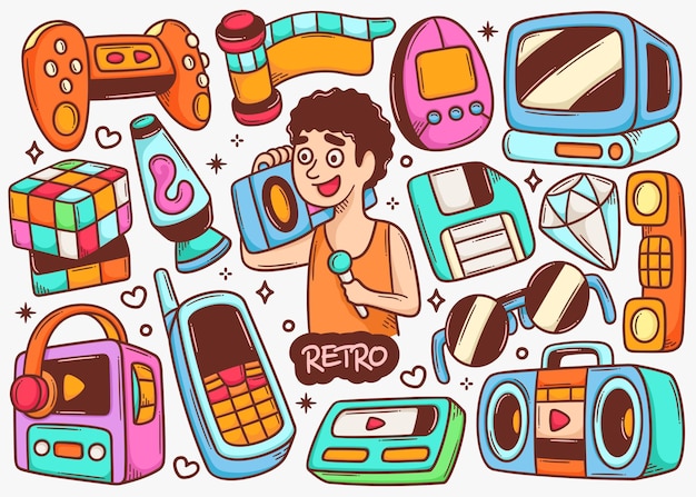 Free vector retro 90s doodle hand drawn color vector collection