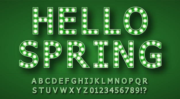 Ретро алфавит из круглых ламп. для оформления рекламных вывесок, баннеров, плакатов. в зеленом цвете. освещение. блеск света. надпись привет весна. объемное изображение. изолированный.