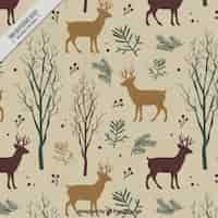 Free vector retro background of reindeer and trees