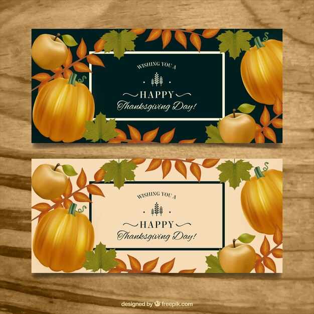 Retro banners of thanksgiving pumpkins with leaves