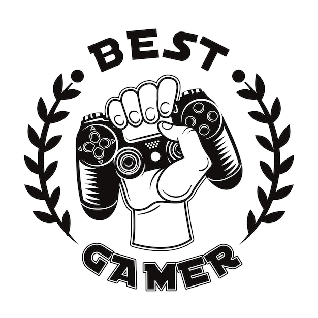 Free vector retro best gamer badge vector illustration. monochrome hand grasping game controller