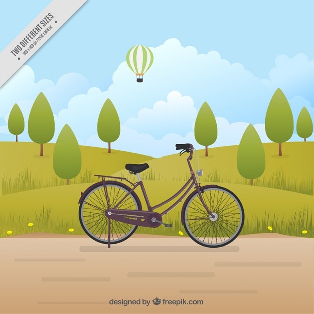 Vettore gratuito retro bicicletta in un paesaggio con alberi di sfondo