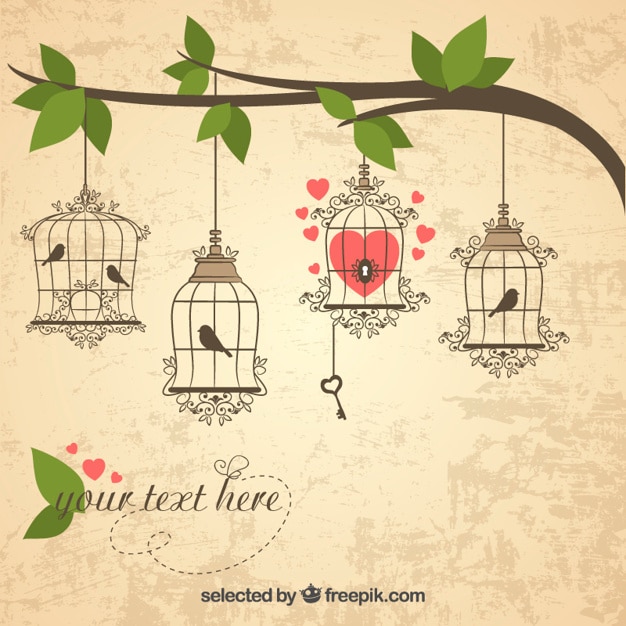 Retro bird cages hanging on a branch