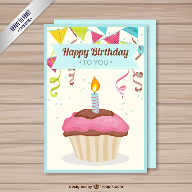 Free vector retro birthday card with a cupcake