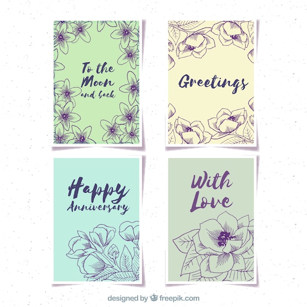 Free vector retro card set with hand drawn flowers