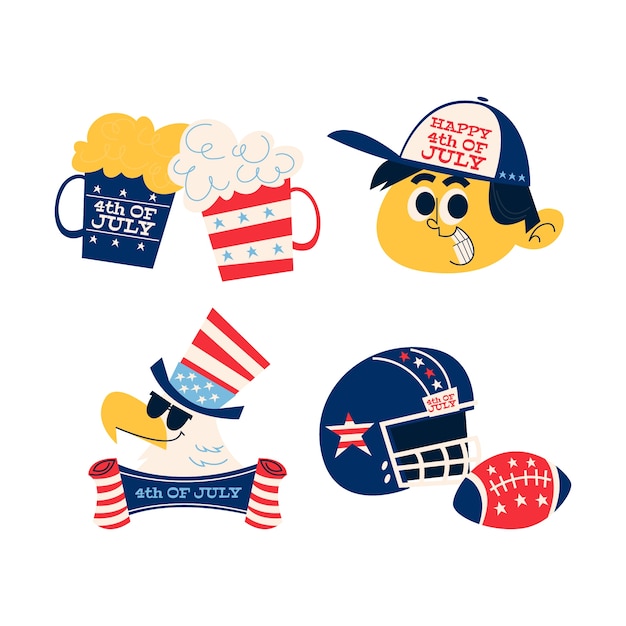 Free vector retro cartoon 4th of july stickers collection