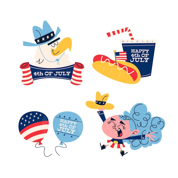 Free vector retro cartoon 4th of july stickers collection