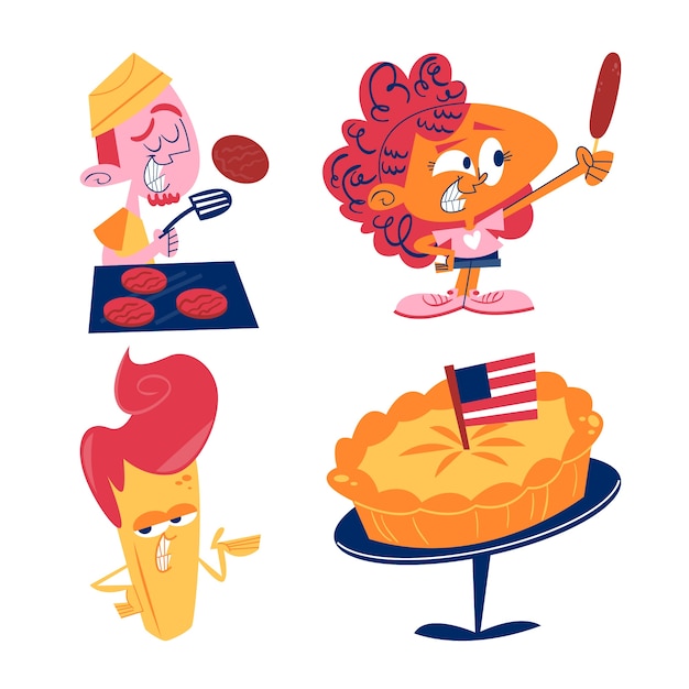 Free vector retro cartoon american food stickers