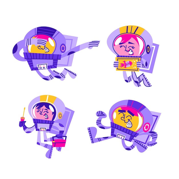 Free vector retro cartoon astronaut stickers collection