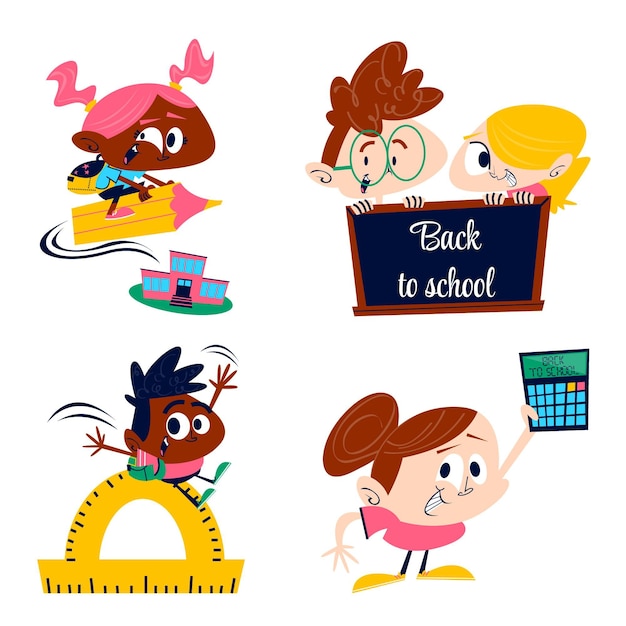 Retro cartoon back to school stickers set