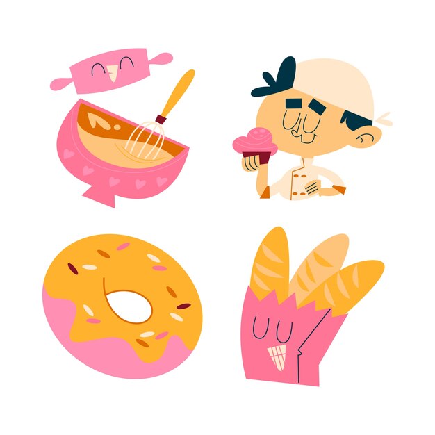 Free vector retro cartoon bakery stickers collection