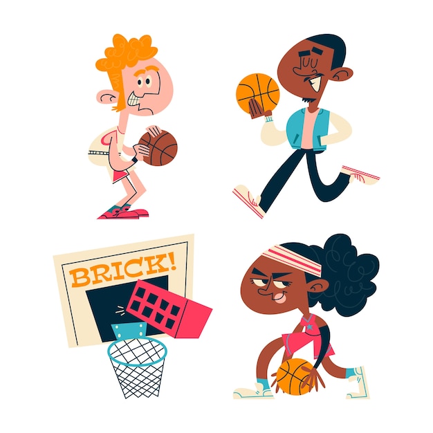 Free Vector retro cartoon basketball stickers collection