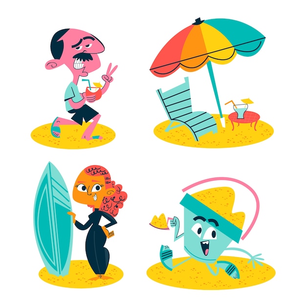 Free vector retro cartoon beach stickers collection