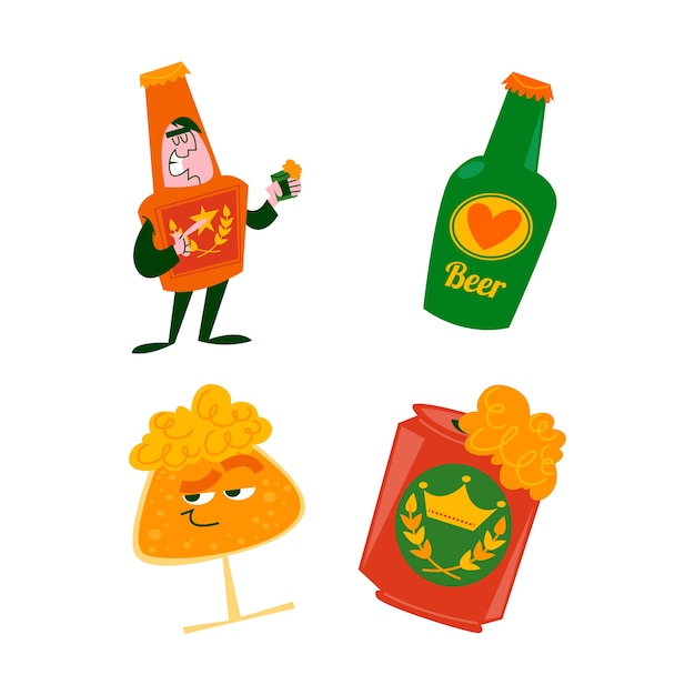 Retro cartoon beer stickers set