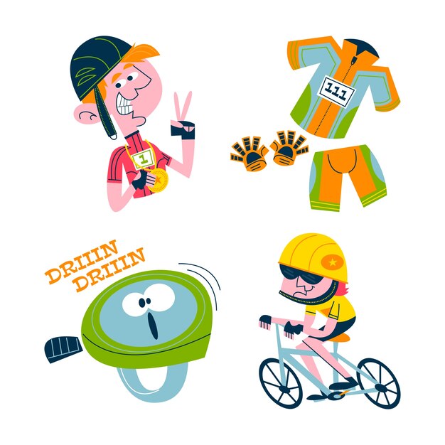 Free Vector retro cartoon bicycle stickers collection