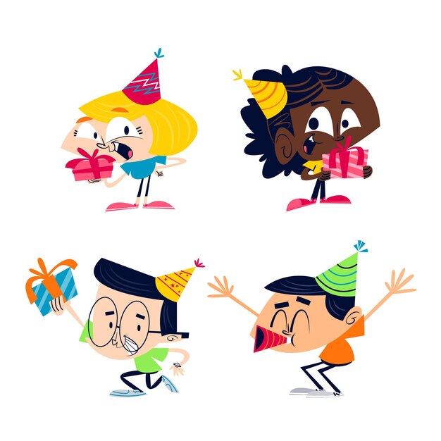 Retro cartoon birthday sticker set