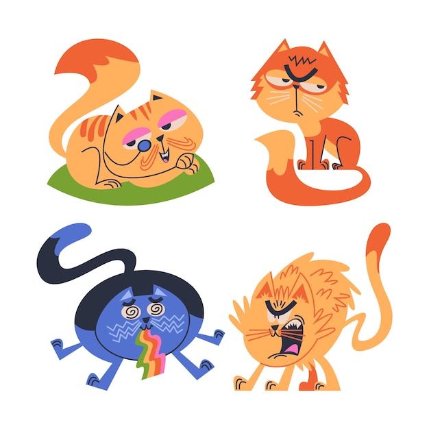 Vettore gratuito collezione di adesivi retro con emoji di gatti di cartoni animati