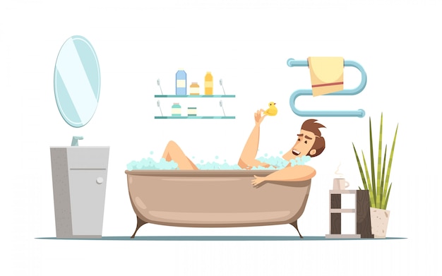 Retro cartoon composition in hygiene theme with man taking bath in bathroom 