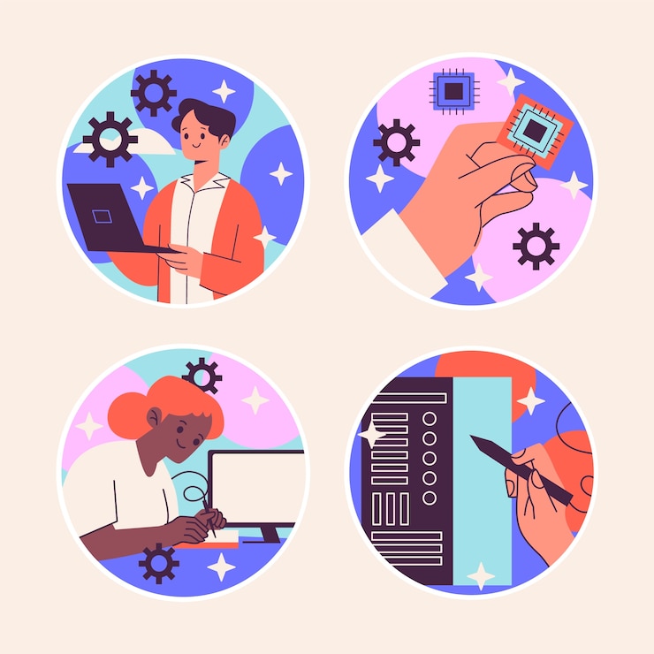 무료 Vector 레트로 만화 컴퓨터 엔지니어 스티커 컬렉션