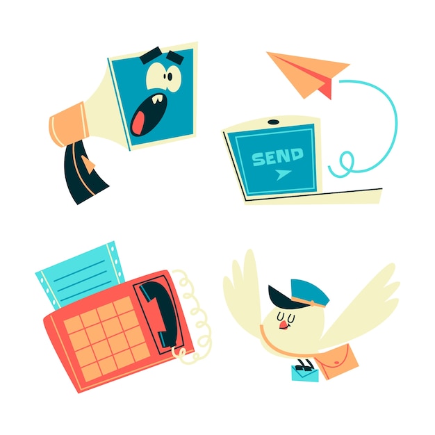 Free vector retro cartoon contacts and communication stickers collection