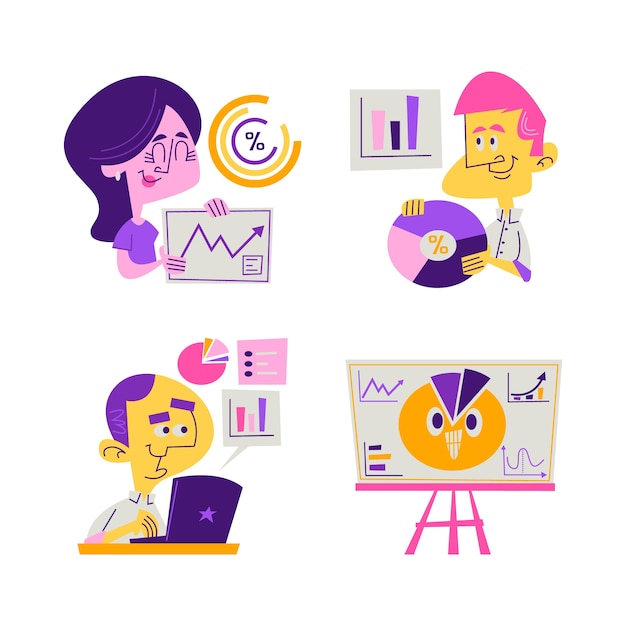 Free vector retro cartoon data analyst stickers collection