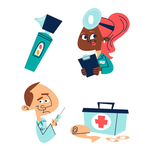 Retro cartoon doctors and equipment stickers set