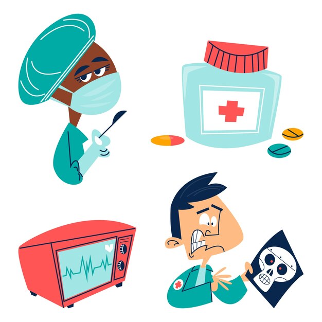 Retro cartoon doctors and equipment stickers set